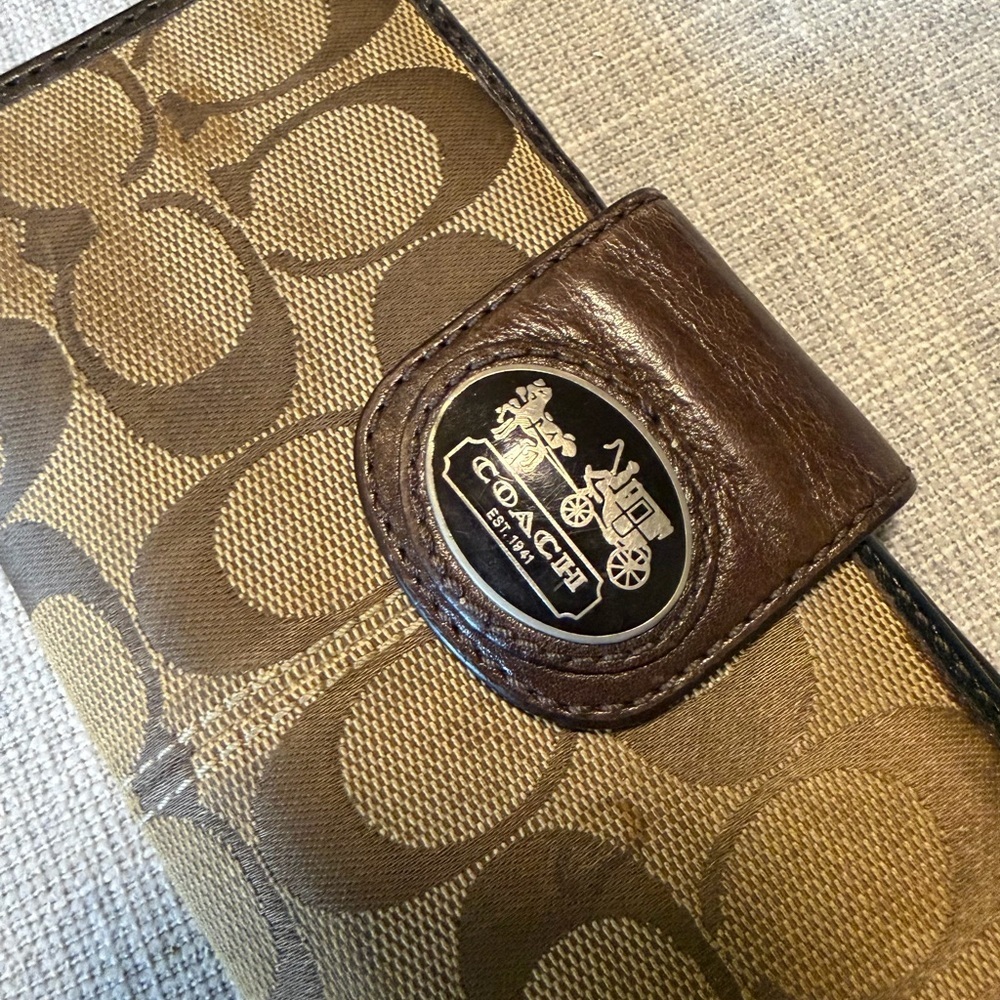 Coach Signature Canvas Checkbook Wallet Brown Leather Trim Snap Closure - Picture 2 of 9
